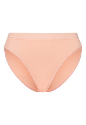 Peach-colored women's panties with a smooth texture, high-cut design, and a thin elastic waistband featuring a subtle logo detail.