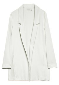 Blazer gris clair à manches longues, à ouverture devant avec des revers crantés et deux poches latérales.