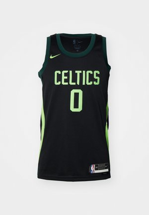 Maillot de basket noir des Boston Celtics avec texte vert néon, numéro zéro, logo Nike et logo NBA à l'avant.