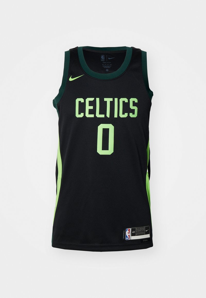 Maillot de basket noir des Boston Celtics avec texte vert néon, numéro zéro, logo Nike et logo NBA à l'avant.