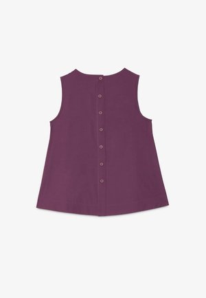 Top viola senza maniche con scollatura rotonda e una fila verticale di sette bottoni sulla schiena.