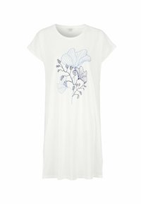 Hvid bomulds kjole med korte, hætteærmer og løstsiddende pasform. Har en blå linjetegning af blomster motiv på forsiden.