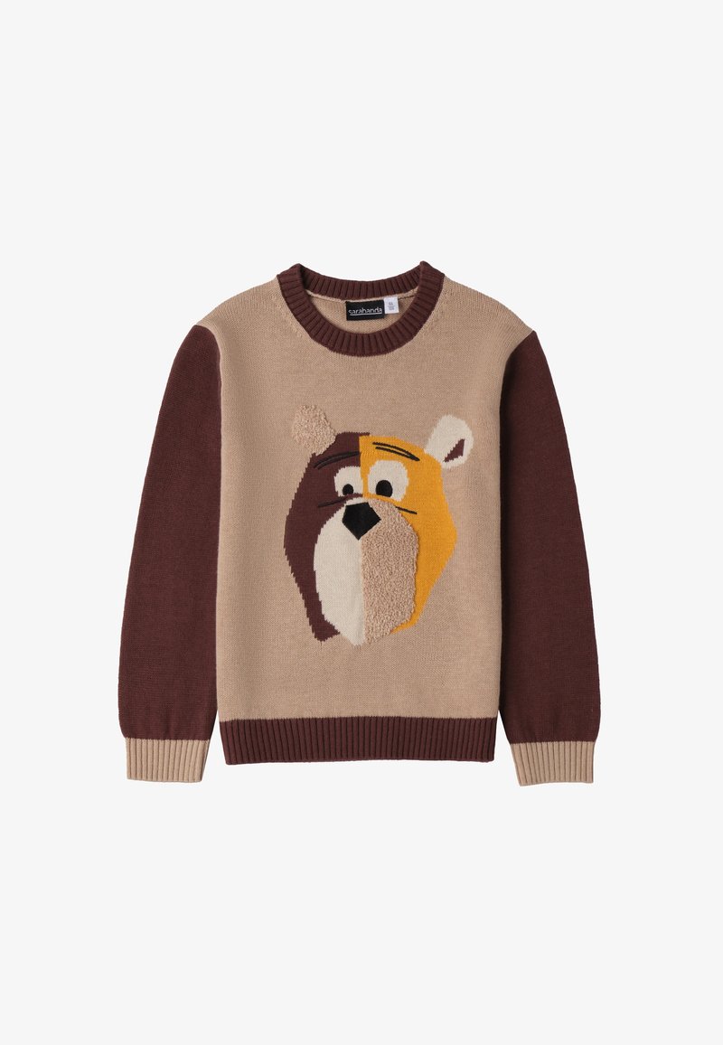 Sweter robiony na drutach z wzorem twarzy niedźwiedzia w odcieniach beżowym, brązowym, żółtym i białym; okrągły dekolt; ściągacze przy mankietach i dolnym brzegu; miękka tekstura.