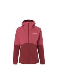 Water-resistant jacket featuring a two-tone design with a light pink upper and deep red lower sections, adjustable hood, and zippered pockets.