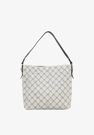 Borsa bianca con motivo smerlato nero, caratterizzata da piccoli loghi e da una tracolla nera singola con fibbie laterali.