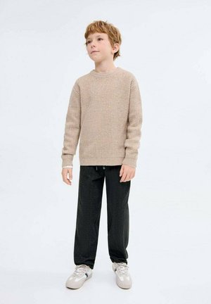 Pull en tricot beige clair avec un motif texturé, associé à un pantalon sombre et des baskets grises. Design simple et décontracté avec des manches longues.