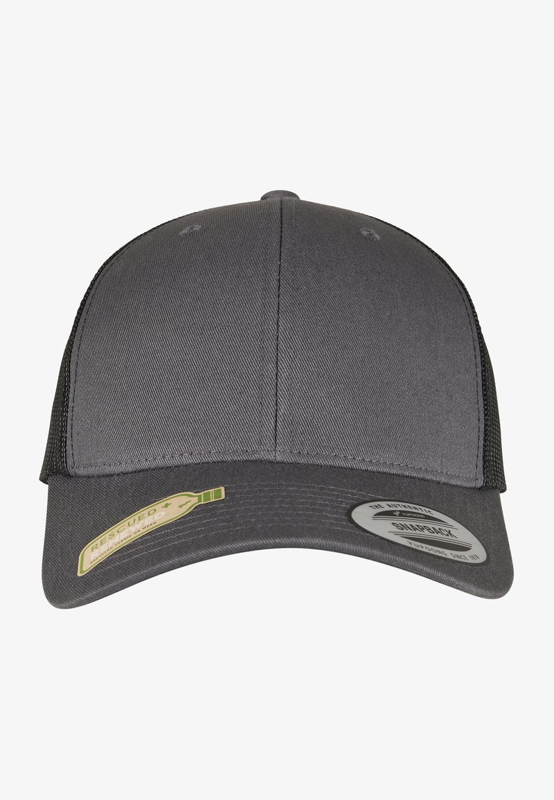 Gray snapback cap with a solid fabric front, mesh back, curved brim, and logo tags showing recycled material branding.