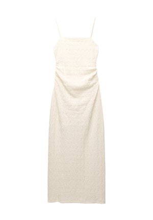 White, sleeveless dress with a textured pattern, featuring a fitted bodice and draped details along the sides, extending to knee-length.