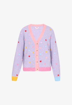 Lawendowy wełniany kardigan z różowym wykończeniem, w kształcie serca w wielokolorowe kropki, dekolt w serek i zapięcie na guziki. Żebrowane mankiety w kolorze żółtym i niebieskim.