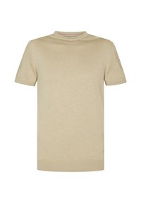Beige Kurzarm-Strick-T-Shirt mit Rundhalsausschnitt. Hat eine glatte Textur sowie gerippte Bündchen und Saum. Minimalistisches Design, ohne Muster.