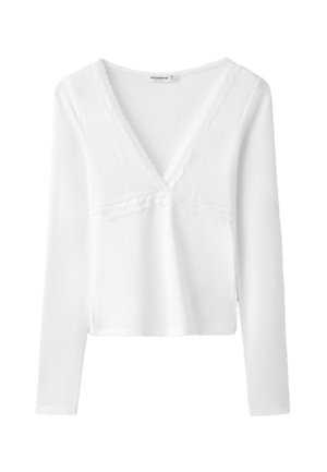 Stradivarius, LONG SLEEVE V-NECK LACE TOP - T-shirt à manches longues - beige