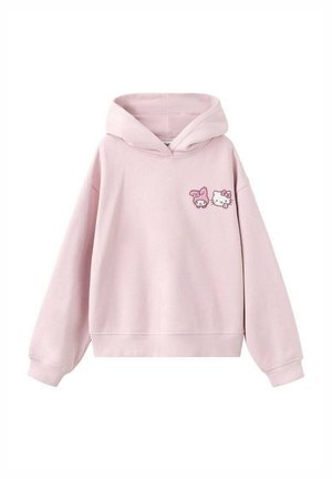 Sweat à capuche rose clair en matière douce avec une poche avant, des manches à bord-côte, et un motif brodé de Hello Kitty et d'un lapin sur la poitrine.
