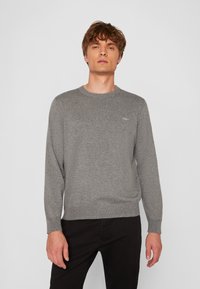 Hellgrauer Strickpullover mit Rundhalsausschnitt und langen Ärmeln, der ein kleines Logo auf der Brust sowie gerippte Bündchen und Saum aufweist.