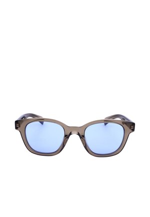 Occhiali da sole di forma quadrata con montatura marrone traslucida e lenti sfumate azzurro chiaro, mostrati su sfondo bianco.