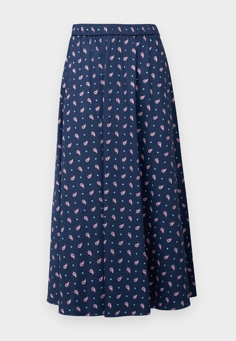 Women's Floral Midi Skirt - High Waist A-Line, Navy Blue With Pink Flowers, Elastic Waistband, Semi-Sheer Overlay 2 thumbnail image