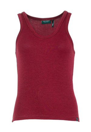 Rød ribbet tank topp med en tettsittende design, rund halslinning og brede skulderstropper. Laget av lette stoffer, med en subtil tekstur.