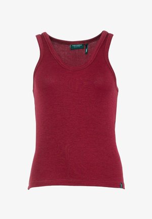 Red ribbed tank top with a fitted design, round neckline, and wide shoulder straps. Made from lightweight fabric, featuring a subtle texture.