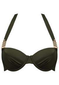 Zelený bikiny top se strukturovanými košíčky, hladkým materiálem, širokými ramínky a zlatými akcenty na spojovacích prvcích ramínek.