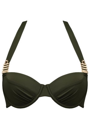 Zelený bikiny top se strukturovanými košíčky, hladkým materiálem, širokými ramínky a zlatými akcenty na spojovacích prvcích ramínek.