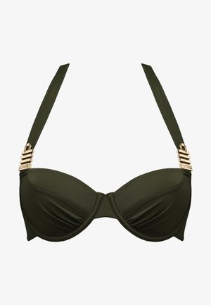 Zelený bikiny top se strukturovanými košíčky, hladkým materiálem, širokými ramínky a zlatými akcenty na spojovacích prvcích ramínek.