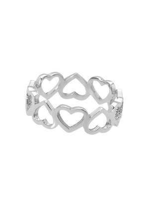 Silver ring featuring a continuous pattern of interconnected heart shapes, with a polished finish and textured accents on one side.