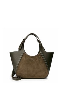 Borsa a tracolla in suede e pelle marrone, con una forma strutturata, manici doppi e cuciture a contrasto. I dettagli includono il logo del marchio sulla parte anteriore.