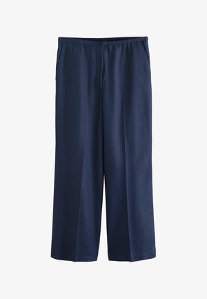 Pantaloni a gamba larga blu navy con vita elastica e coulisse, tasche frontali e tessuto dalla texture liscia.