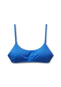 Modrý bikiny vršek vyrobený z hladkého, lehkého materiálu. Disponuje tenkými popruhy a zaobleným výstřihem s nařasenými detaily podél okrajů.