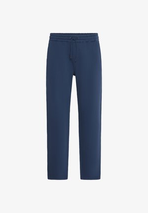 Navy blue sweatpants, made from soft fabric, feature an elastic waistband with drawstring, side pockets, and a straight-cut design.