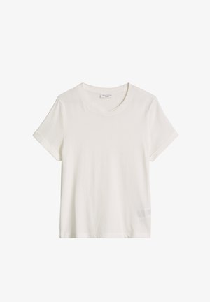 Prosty biały T-shirt z krótkim rękawem i okrągłym dekoltem, z małą metką marki wewnątrz kołnierza, pokazany na białym tle.