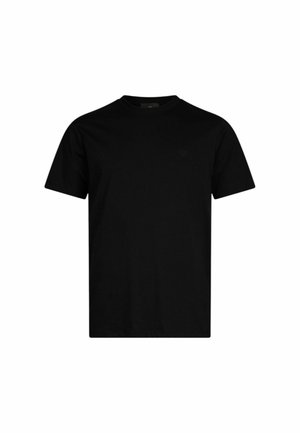 Camiseta de algodón negra con cuello redondo, mangas cortas y un corte relajado. Presenta un sutil detalle de logo en la parte frontal.