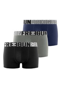 Boxer-briefs noirs, navy et verts avec une ceinture élastique grise portant le logo "FREEGUN". Mélange de coton doux, texture lisse, design ajusté.