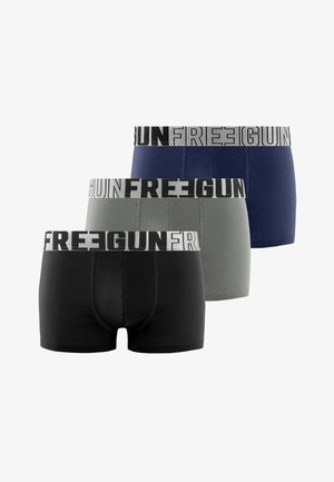 Boxer-briefs noirs, navy et verts avec une ceinture élastique grise portant le logo "FREEGUN". Mélange de coton doux, texture lisse, design ajusté.