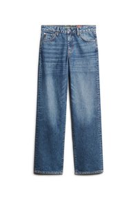 Jasnoniebieskie dżinsy o prostym kroju, z pięcioma kieszeniami i delikatnym wyblaknięciem. Posiadają zapięcie na guziki i szlufki na pasek.