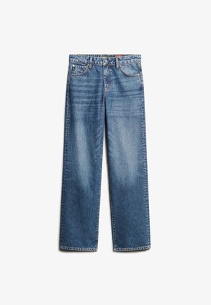 Lichtblauwe spijkerbroek met een rechte pijp, vijf zakken en subtiele vervaging. Voorzien van een knoopsluiting en riemlussen.