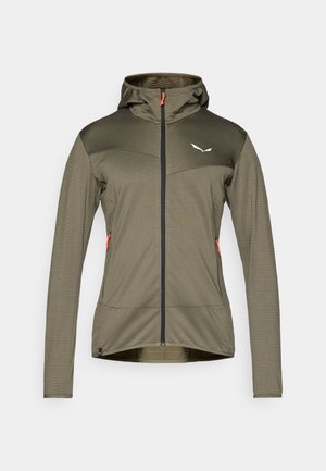 Hættejakke i olivengrøn med et tekstureret design, frontlynlås, orange detaljer og lynlåslommer, ideel til udendørs aktiviteter.