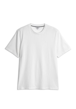 Schlichtes weißes T-Shirt mit kurzen Ärmeln und Rundhalsausschnitt, mit einem kleinen Logo auf der Brust, vor weißem Hintergrund dargestellt.