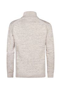 Maglione grigio chiaro lavorato a maglia con maniche lunghe e un alto colletto a coste, visibile da dietro su uno sfondo bianco.