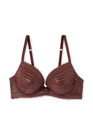 Spitzen-BH in tiefem Burgunderrot mit gewelltem Rand, dekorativen Blumenmustern, gepolsterten Cups und verstellbaren Satinträgern.