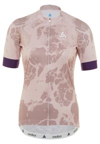 Kortärmad cykeltröja i blek rosa med ett subtilt abstrakt mönster, med en dragkedja fram och lila manschetter, tillverkad av ett andningsbart material.