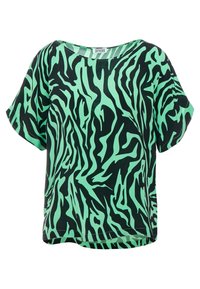 Grön och svart kortärmad topp med zebramönster, med en lös passform och en bred, rundad halsringning. Slät, lättviktig tyg.
