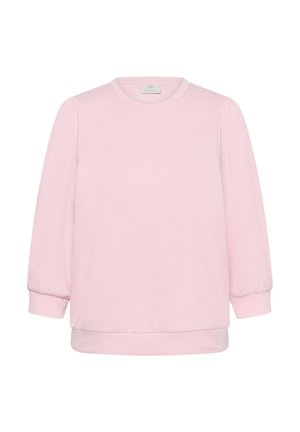 Hellrosa langärmlige Bluse mit rundem Ausschnitt, leicht aufgeplusterten Ärmeln und engeren Bündchen.