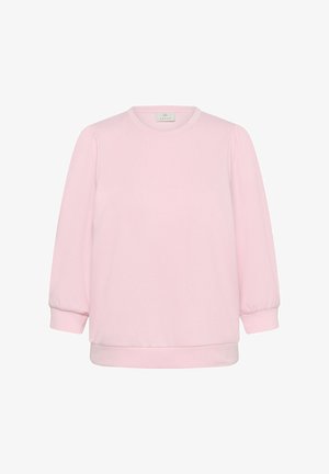 Hellrosa langärmlige Bluse mit rundem Ausschnitt, leicht aufgeplusterten Ärmeln und engeren Bündchen.