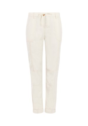 Off-white-väriset rennot housut, joissa on kiristysnauha vyötäröllä, paikkataskut, ommellut polviyksityiskohdat ja käännetyt lahkeensuut.