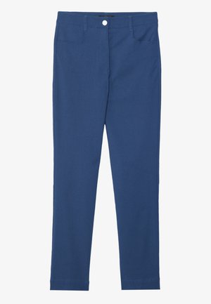 Pantalons slim-fit bleus en mélange de coton, dotés d'un bouton frontal, d'une fermeture éclair, de deux poches et d'une texture lisse et propre.