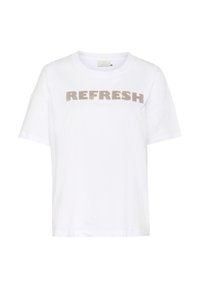 T-shirt en coton blanc à manches courtes et col ras du cou, avec un motif texturé "REFRESH" en doré sur la poitrine.