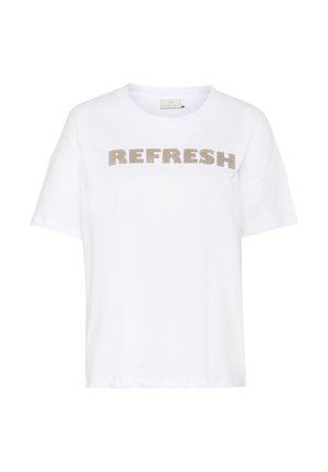 Witte katoenen T-shirt met korte mouwen en een ronde hals, met een getextureerde "REFRESH" in goud over de borst.