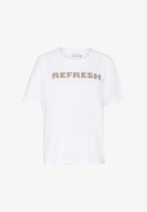 T-shirt en coton blanc à manches courtes et col ras du cou, avec un motif texturé "REFRESH" en doré sur la poitrine.