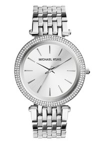 Stříbrné nerezové hodinky s kulatým ciferníkem, bezel zdobený krystaly a minimalistický ciferník s stříbrnými hodinovými indexy a ručičkami.
