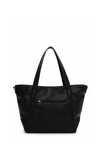 Czarna skórzana torba na ramię z teksturowanym wykończeniem, wyposażona w podwójne solidne rączki oraz przednią kieszeń na zamek z złotymi elementami ozdobnymi.